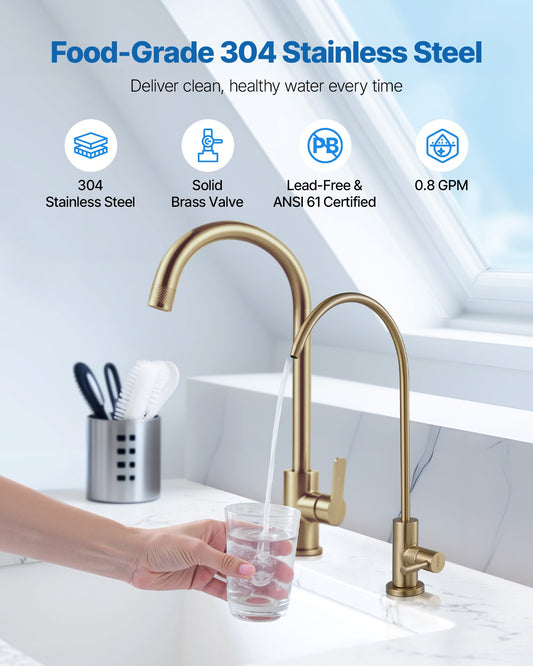 Stainless Steel Faucet, Lead-Free Water Purifier Faucet, Filter Water Faucets With Solid Brass Valve, Anti-Rust & Durability Ro Water Faucets For Kitchen, Bar Counter, Cafe Shop, Brushed Gold