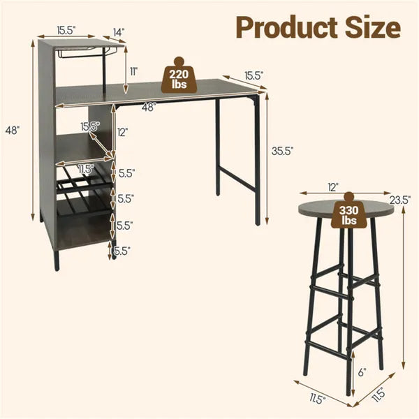 3PCS Bar Table & Stools Set, Wine Storage (6 Bottles + Wine Glass Holder), Oak