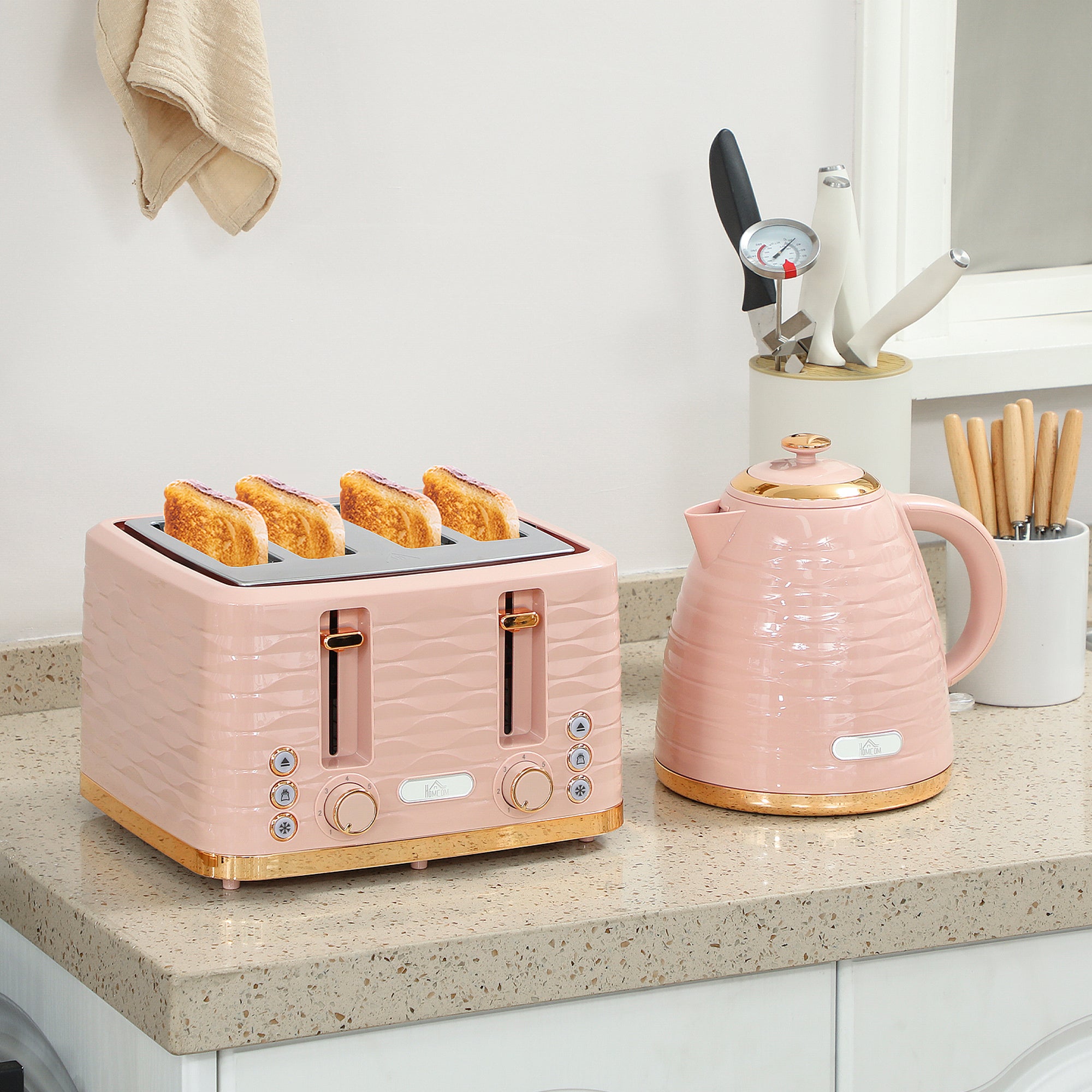 Rose Quartz Collection: 3000W Rapid-Boil Kettle & 4-Slice Ridged Toaster Set