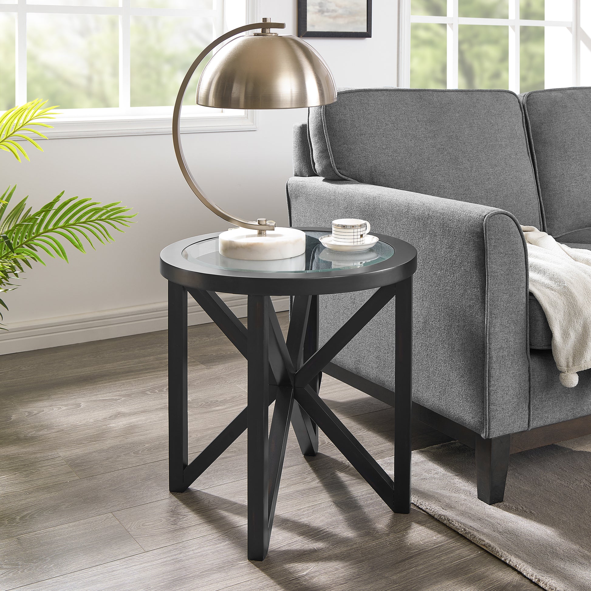 Modern Simple Glass Coffee Table, Tempered Glass Coffee Table Solid Wood Base Round Transparent Glass Top Modern Living Room Terrace Study Coffee Table