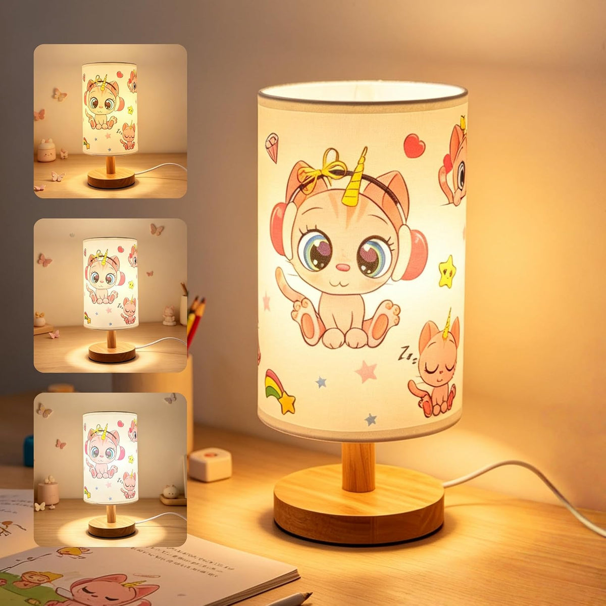 Kids Table Lamp,Cute Kitty Lamp for Bedroom Girls Decorative Bedside Lamps