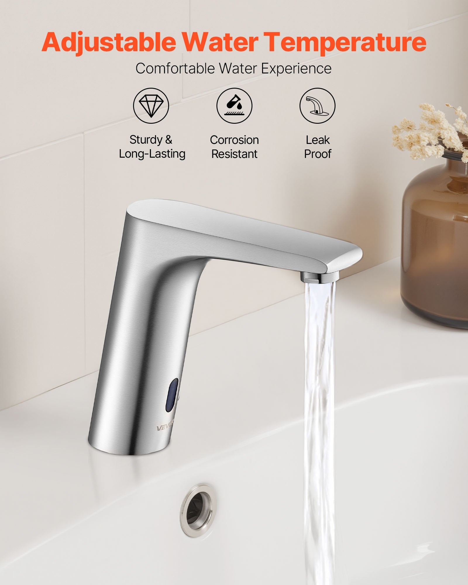 Touchless Bathroom Sink Faucet, Automatic Motion Sensor Restroom Toilet Faucet, HandsFree Adjustable Cold Hot Single Handle Water Mixer Battery Operated For 9/16 In Pipe,Brushed Nickel Silver