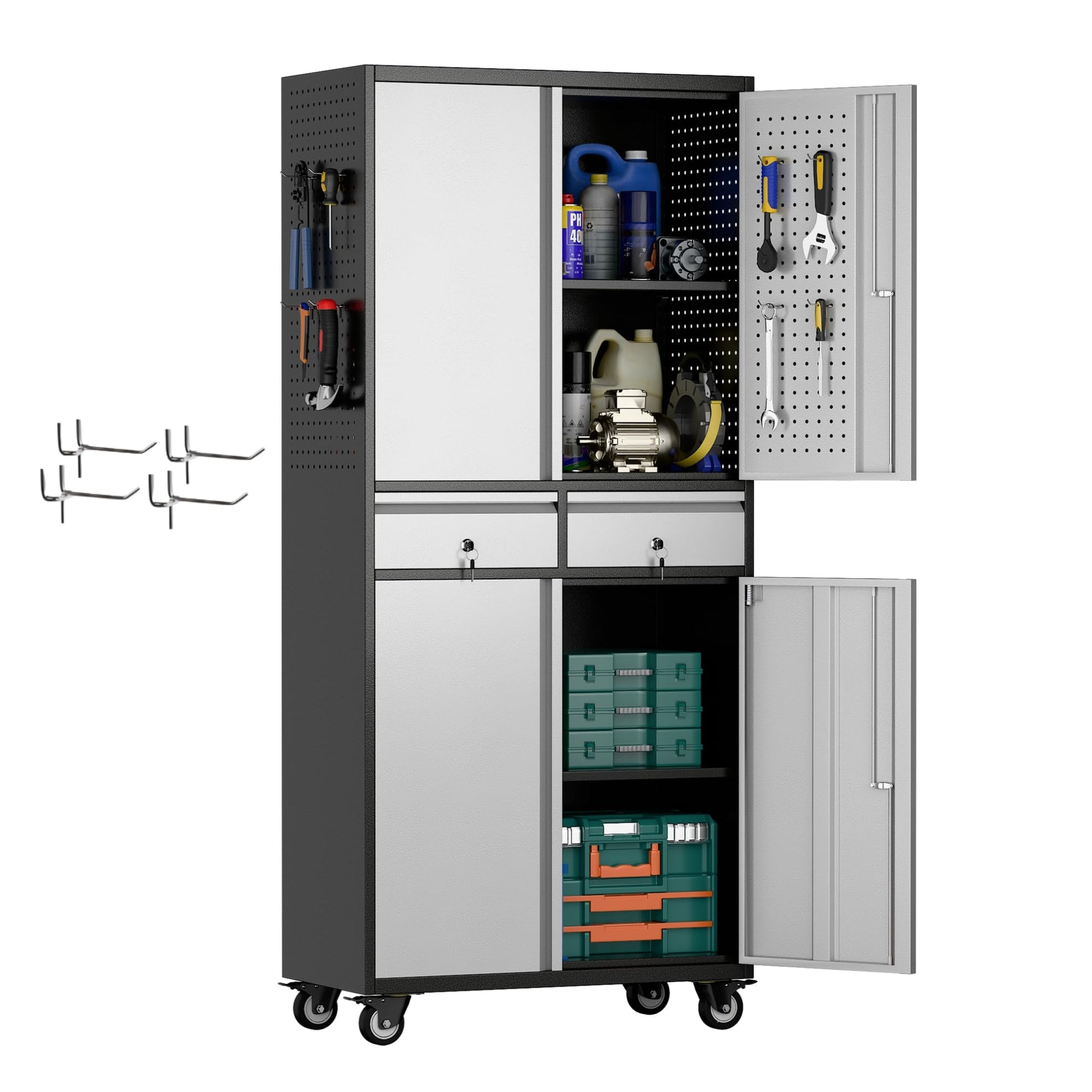 Aobabo Metal Storage Cabinet With Locking Doors And Pegboards, Steel Rolling Tool Storage Cabinet With 2 Drawer And 2 Adjustable Shelves For Garage, Kitchen, Office, Assembly Required, Black Grey