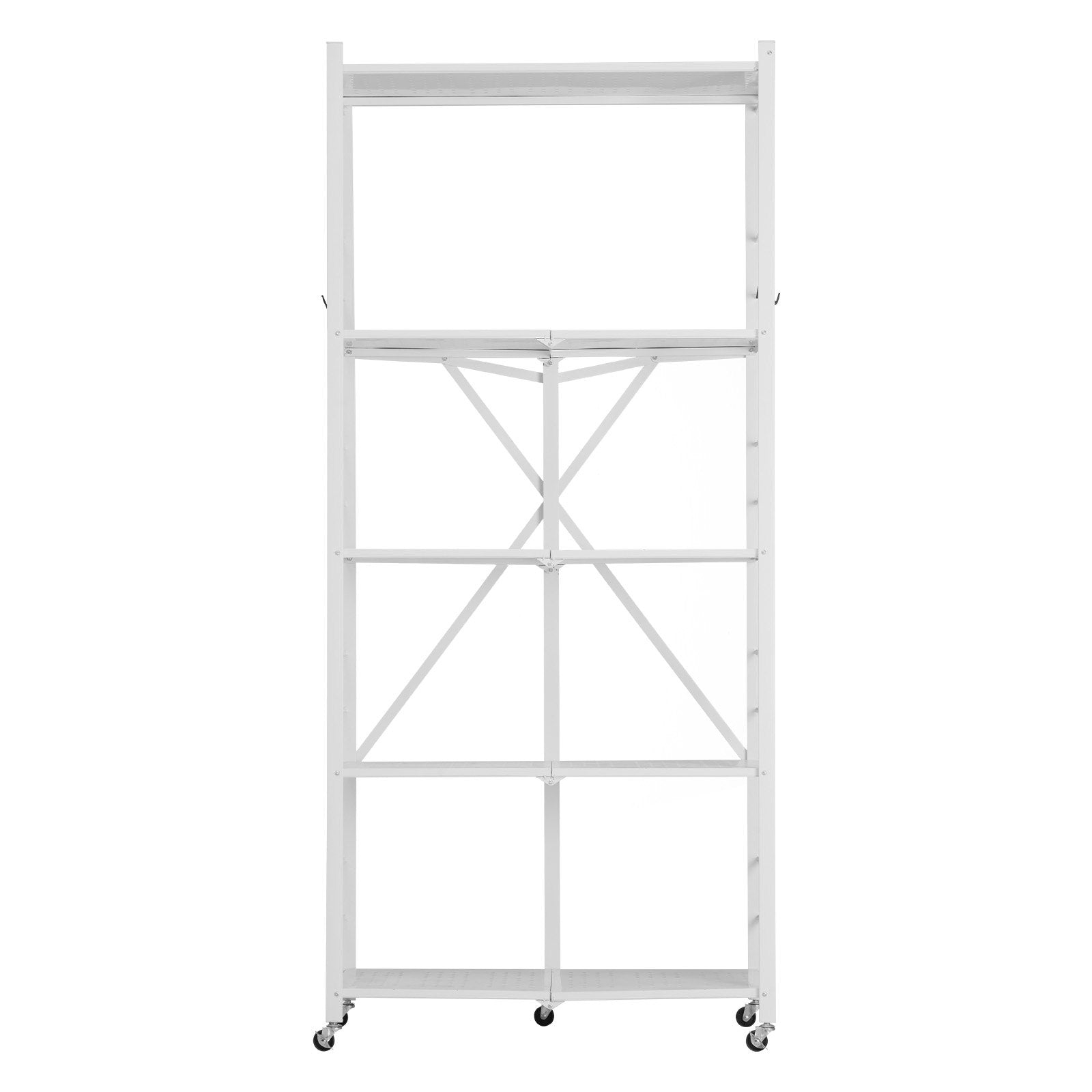 5-Tier Foldable Storage Shelf, 32W X 14D X 72H Inch Folding Metal Rack Shelving Unit, No Assembly Organizer Shelf With 5 Wheels & 4 Hooks For Pantry, Kitchen, Garage, Basement, White