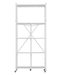 5-Tier Foldable Storage Shelf, 32W X 14D X 72H Inch Folding Metal Rack Shelving Unit, No Assembly Organizer Shelf With 5 Wheels & 4 Hooks For Pantry, Kitchen, Garage, Basement, White