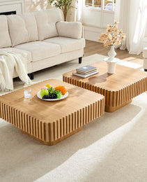 2PCS Set 31.5 Inch Modern Handcraft Drum Coffee Table Square Coffee Table For Living Room,Small Wooden Coffee Table With Sturdy MDF Pedesta,Natural Color