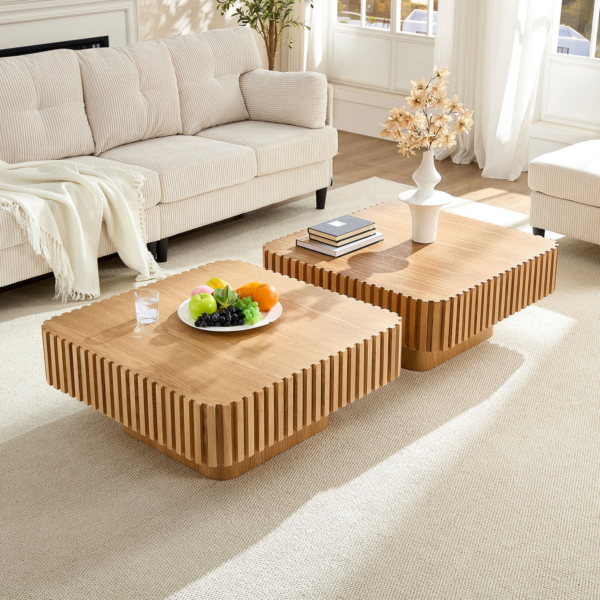 2PCS Set 31.5 Inch Modern Handcraft Drum Coffee Table Square Coffee Table For Living Room,Small Wooden Coffee Table With Sturdy MDF Pedesta,Natural Color