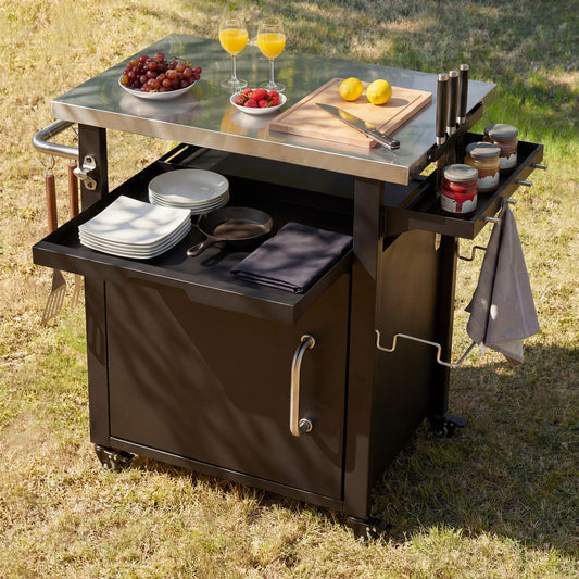 K&K 39.5  Outdoor Grill Cart With Storage Cabinet, Outdoor Bar Cart Pizza Oven Table With Wheels, Stainless Steel Top, Outdoor Kitchen Island With Spice & Paper Rack For BBQ, Waterproof Cover Included