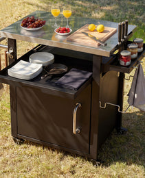 K&K 39.5  Outdoor Grill Cart With Storage Cabinet, Outdoor Bar Cart Pizza Oven Table With Wheels, Stainless Steel Top, Outdoor Kitchen Island With Spice & Paper Rack For BBQ, Waterproof Cover Included