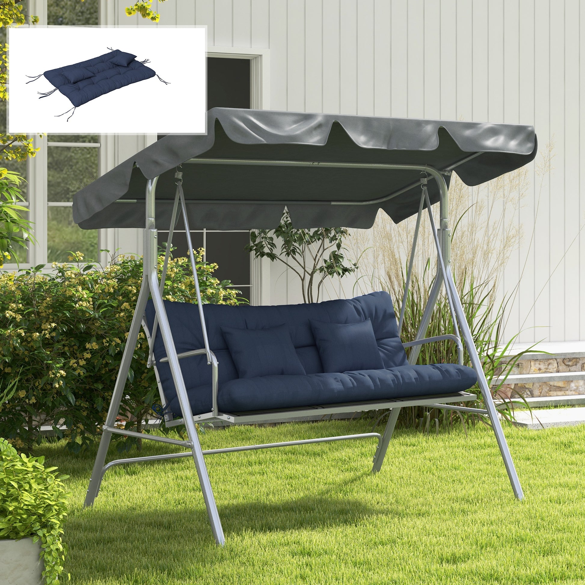 59" Tufted Bench Cushions & Throw Pillows, Replacement Bench Seat Pad, Back & 2 Pillows for Outdoor Furniture, Navy Blue