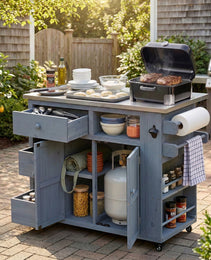 TOPMAx Outdoor Solid Wood Extendable 19.3  28  Kitchen Island  Stainless Steel Top Grill Table With Side Spice Rack  Kitchen Cart With Drawers  Storage Cabinet For Backyard  BBQ Party  Gray