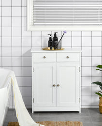 Freestanding Bathroom Floor Cabinet, Wooden Bathroom Cabinet with 2 Doors, 2 Drawers and Adjustable Shelf, White