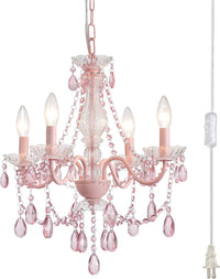 Plug in Crystal Pink Chandelier, Not Acrylic Crystal,Mini 4 Lights for Girls Room,Pink Crystals Hanging Pendant Light with Clear Cord and On/Off, Chandelier for Wedding, Kitchen, Dining,Foyer,Island