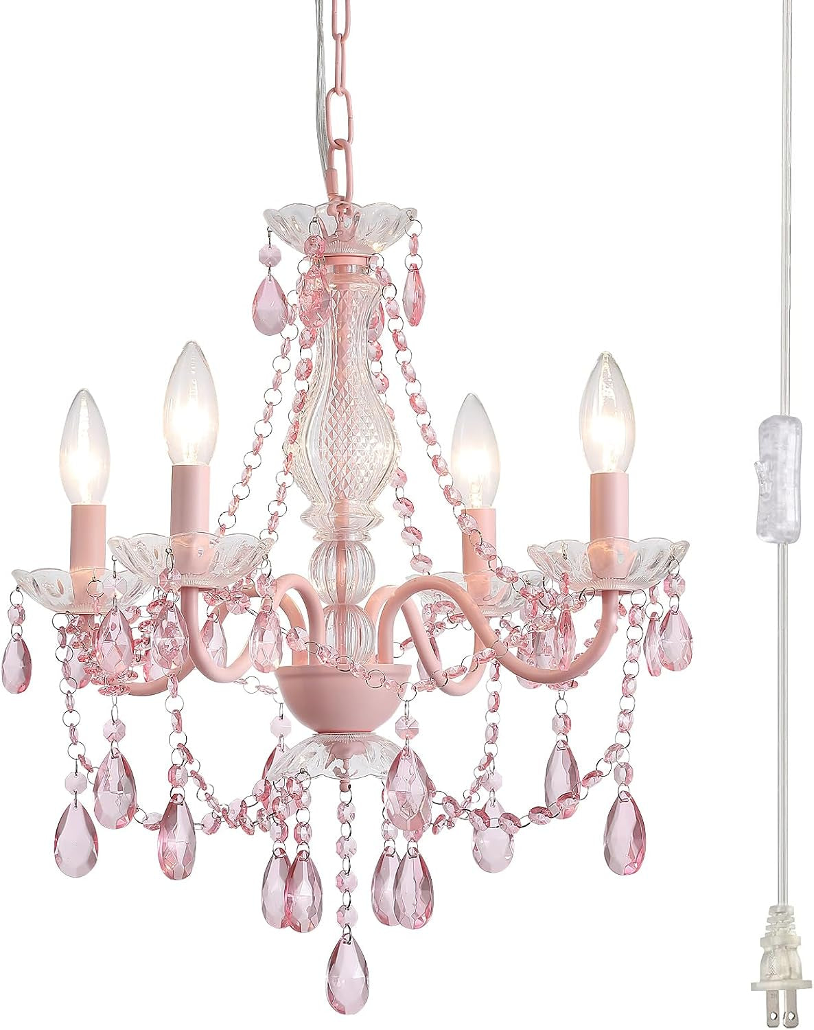 Plug in Crystal Pink Chandelier, Not Acrylic Crystal,Mini 4 Lights for Girls Room,Pink Crystals Hanging Pendant Light with Clear Cord and On/Off, Chandelier for Wedding, Kitchen, Dining,Foyer,Island