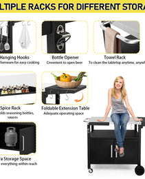 Outdoor Grill Cart With Storage, Rolling Bar Cart Movable Kitchen Island For BBQ, Patio Dining Cart Table For Food Prep With Wheels Hooks Foldable Top