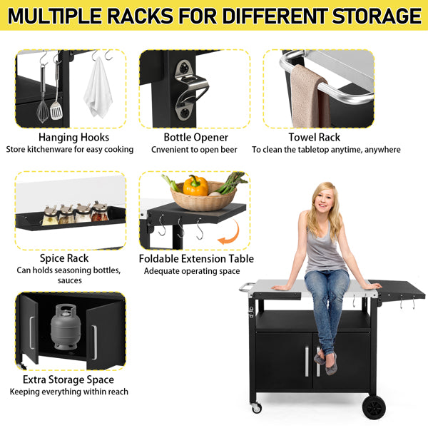 Outdoor Grill Cart With Storage, Rolling Bar Cart Movable Kitchen Island For BBQ, Patio Dining Cart Table For Food Prep With Wheels Hooks Foldable Top