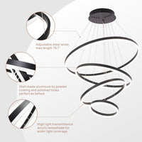 4 Ring Modern Black Chandelier, Circles Pendant Light Fixture for High Ceiling, Led Acrylic Chandelier, Dimmable 78.74'' High Ceiling Light with Remote for Dining Room Staircase Foyer