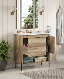 30 Modern Wood Fixture Bathroom Vanity, Bathroom Cabinet With Sliding Drawer, Bathroom Storage Cabinet With Ceramic Basin Sink Top, Single Bathroom Vanities Cabinet With Doors And Open Shelf