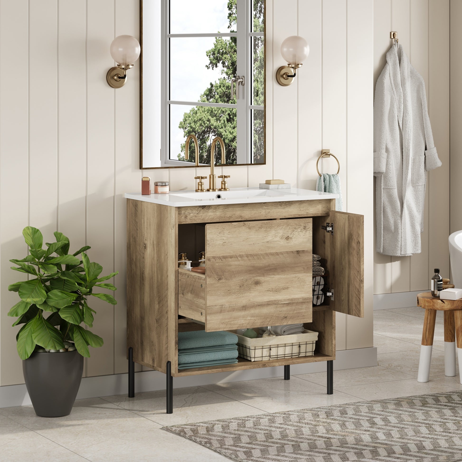 30 Modern Wood Fixture Bathroom Vanity, Bathroom Cabinet With Sliding Drawer, Bathroom Storage Cabinet With Ceramic Basin Sink Top, Single Bathroom Vanities Cabinet With Doors And Open Shelf