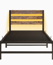 Twin Size Bed Frame Heavy Duty Platform Bed Frame With Headboard, USB Charging Station, LED Bed, No Box Spring Needed, Mattress Foundation, Strong Steel Slats, Noise Free, Brown
