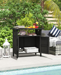 Outdoor Pool Towel Storage Cabinet Organizer, Outdoor Bar Table With Shelf And Cabinet, Pool Towel Holder Pool Valet With Weather-Resistant PE Rattan And Steel Frame, Espresso