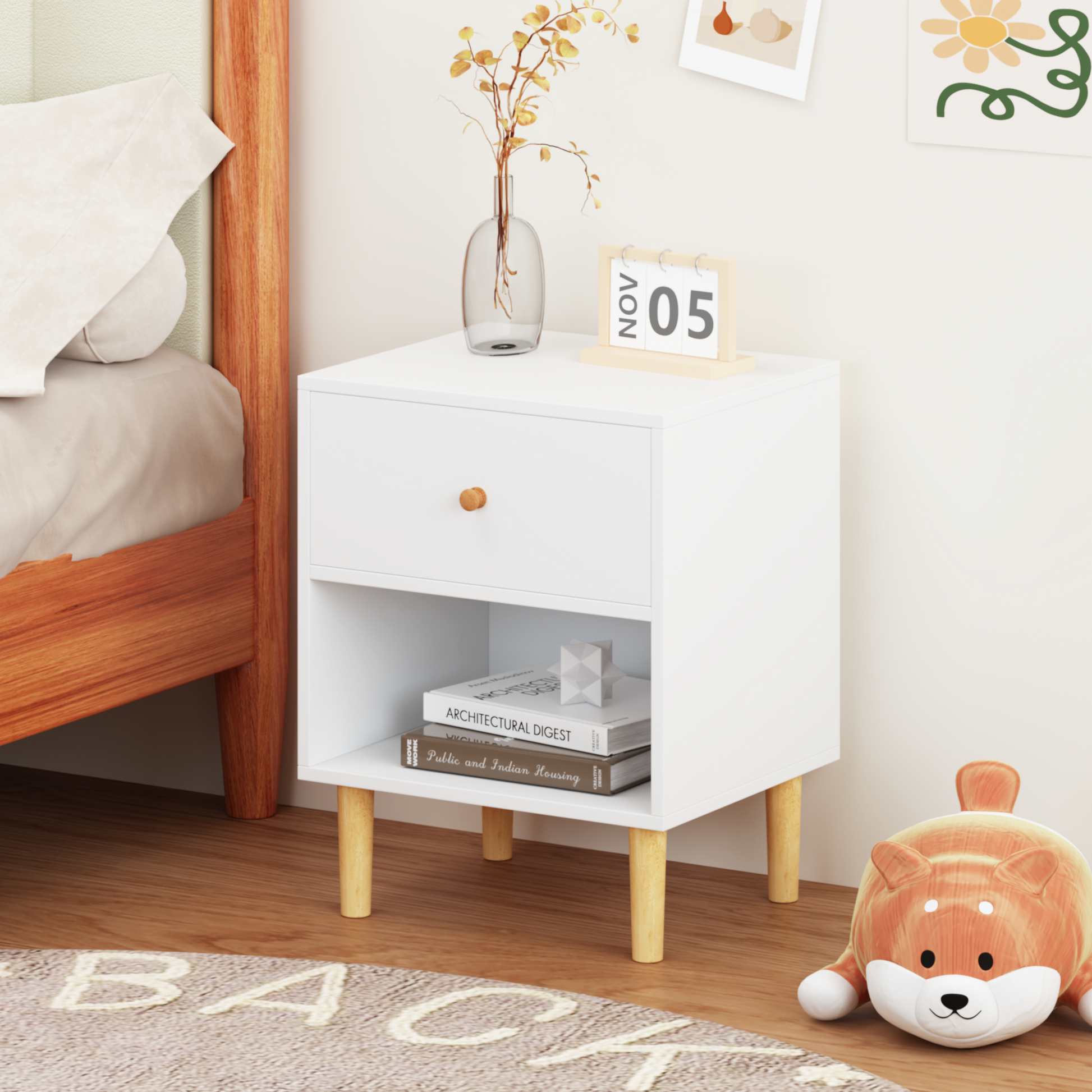 23.22''H Wooden Nightstand With One Drawer One Shelf For Kids, Adults, White
