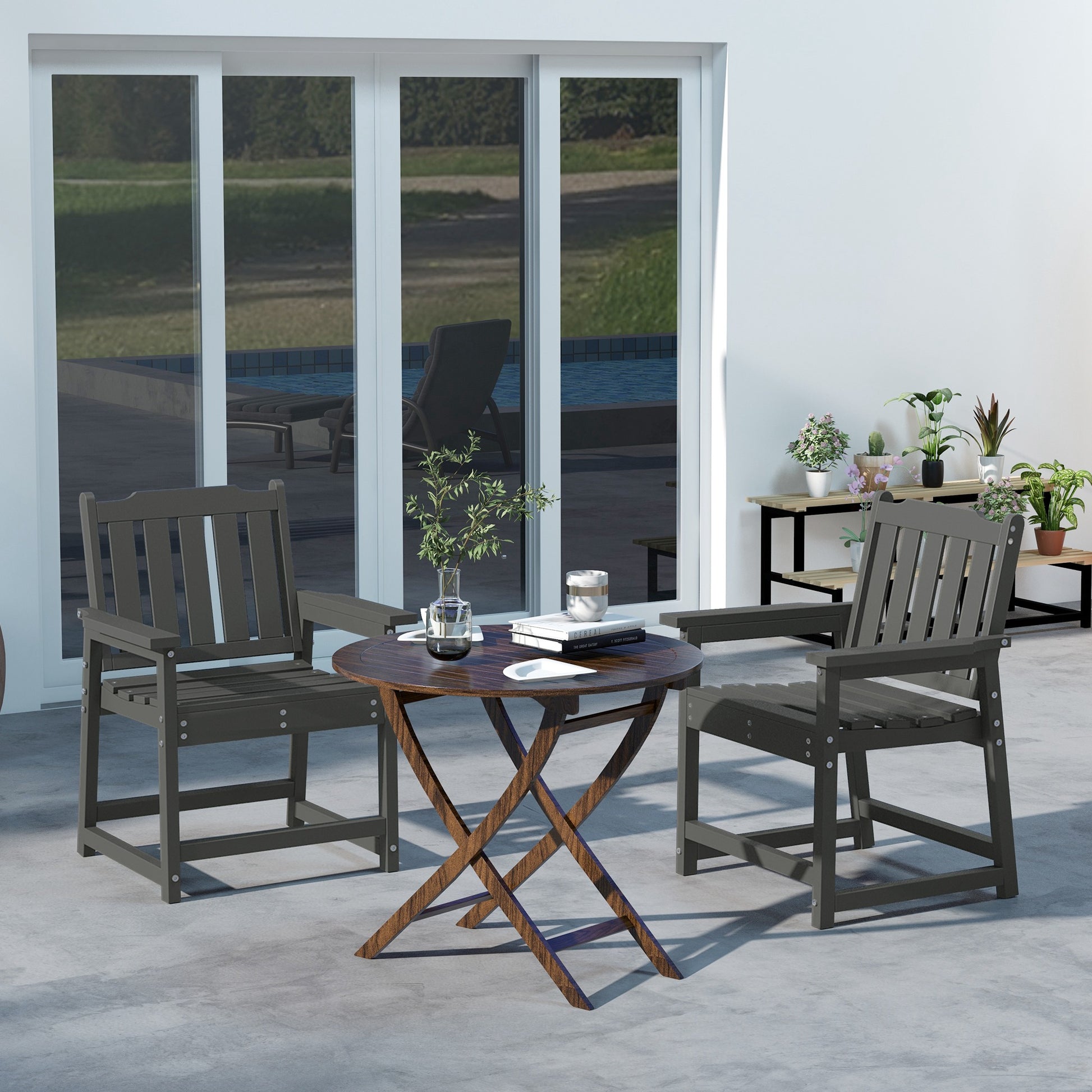 2 Piece All-Weather Patio Chairs, HDPE Patio Dining Chair Set, Heavy Duty Wood-Like Outdoor Furniture, Gray