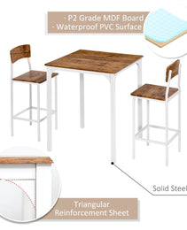 3 Piece Industrial Counter Height Dining Table Set, Bar Table & Chairs with Steel Legs & Footrests, White