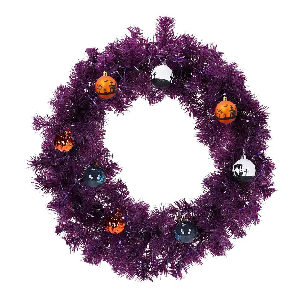 24-in Pre-Lit Halloween Wreath – Purple & Orange