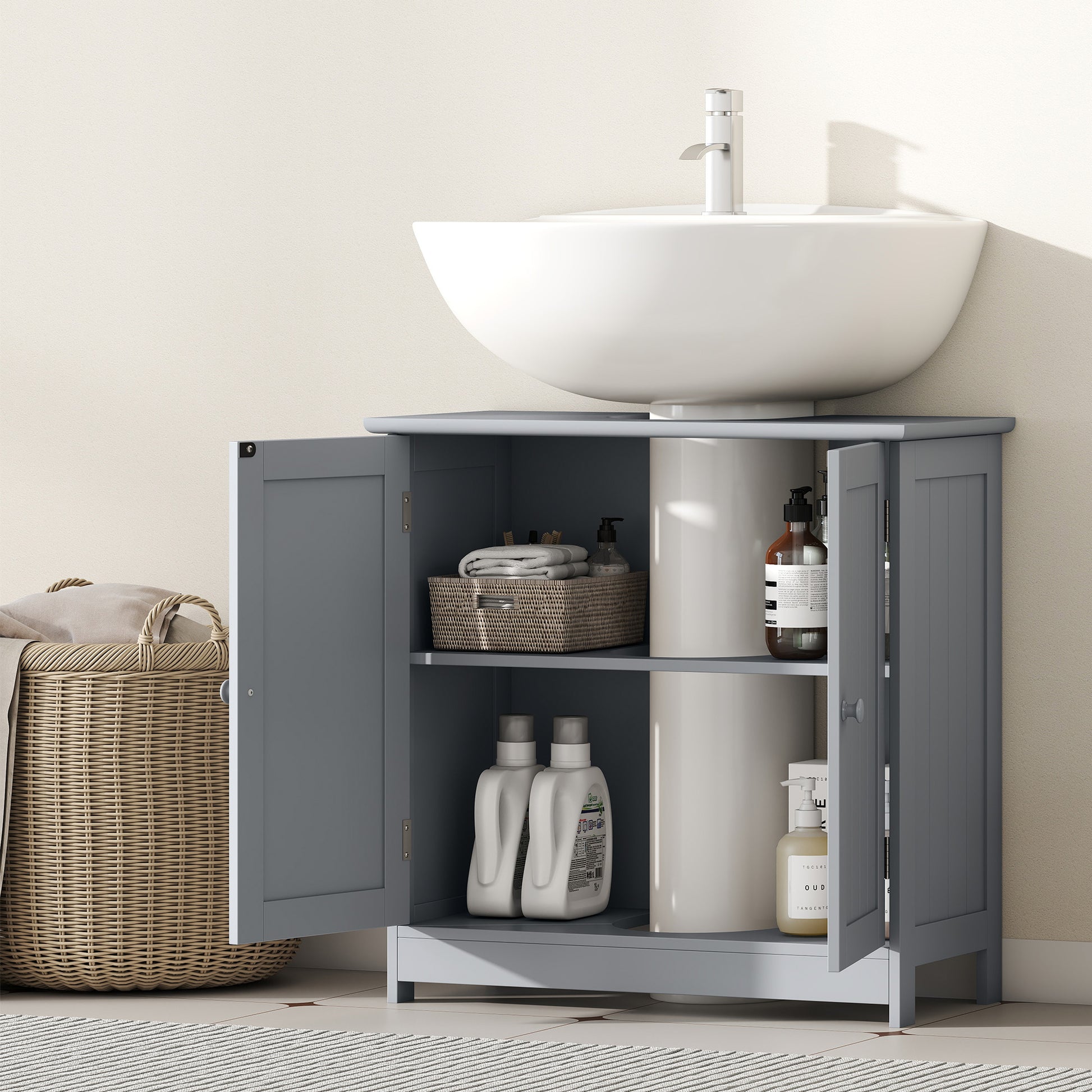 Under Sink Bathroom Cabinet, Pedestal Sink Storage Cabinet with 2 Doors, Shelf and U-Shape, Gray