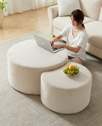 Nesting Coffee Table Set Of 2,Upholstered Round Coffee Tables Set Of 2 For Living Room, Modern Foam Round Coffee Table Side Table End Table Ottoman, No Assembly