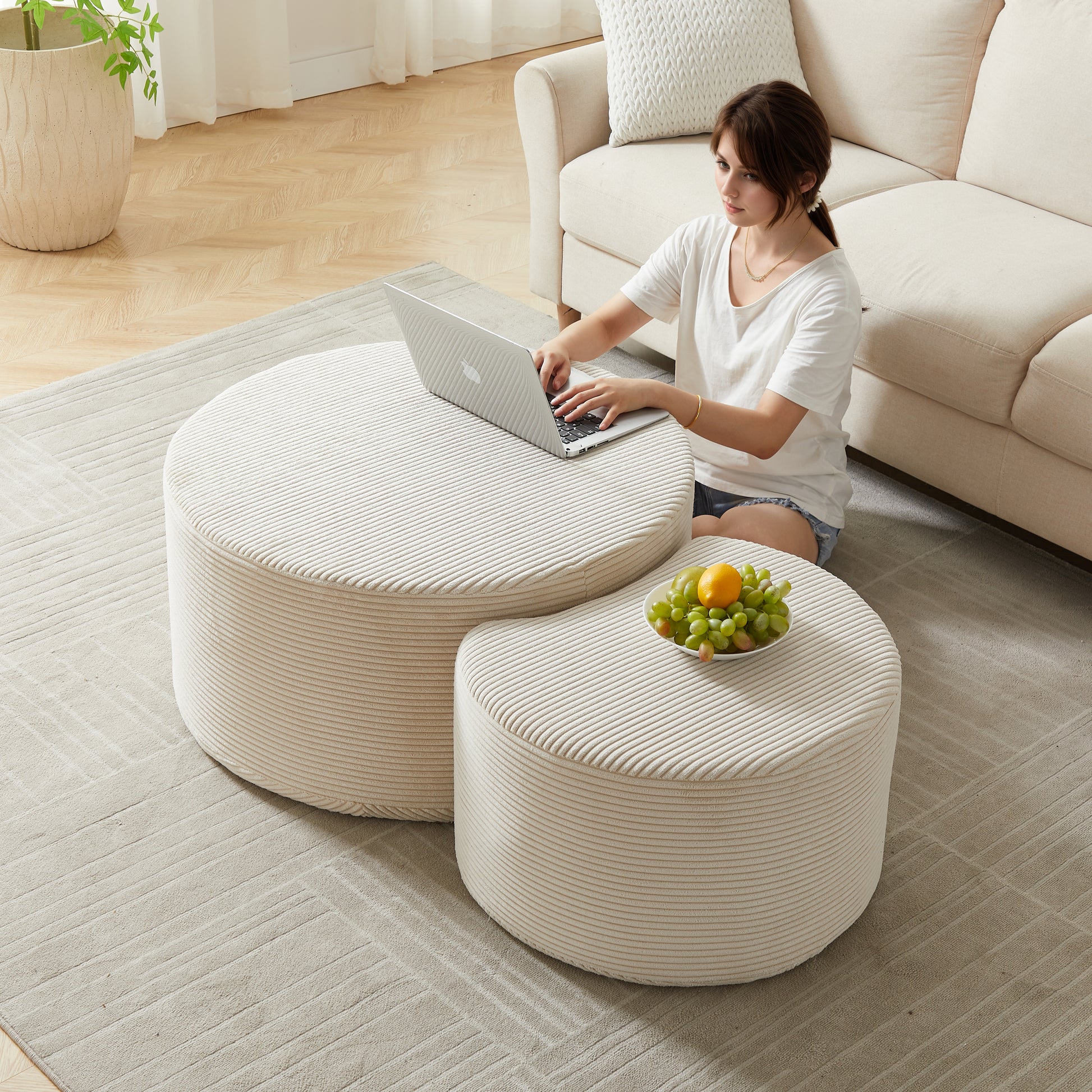 Nesting Coffee Table Set Of 2,Upholstered Round Coffee Tables Set Of 2 For Living Room, Modern Foam Round Coffee Table Side Table End Table Ottoman, No Assembly