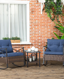 3 Piece Rocking Patio Wicker Set, Outdoor Rocking Chairs, Patio Coffee Set For Garden, Family Use, Dark Blue