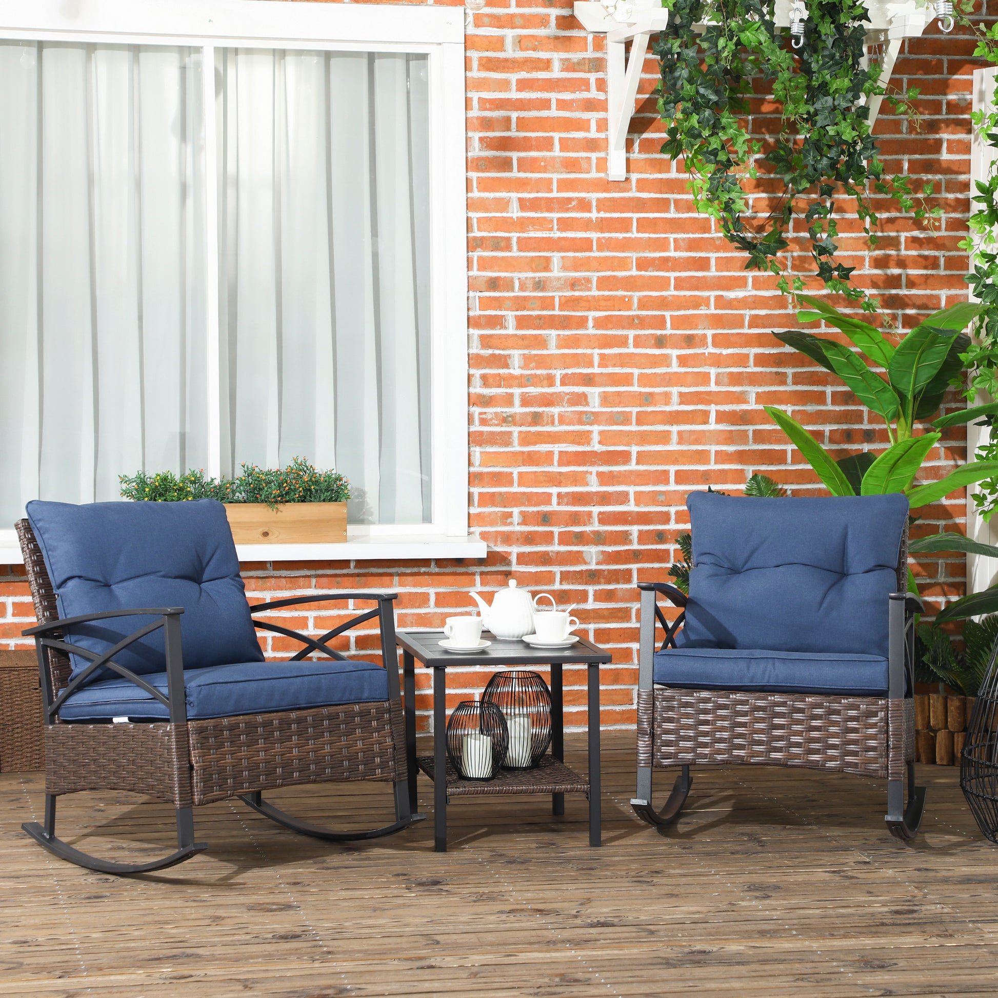 3 Piece Rocking Patio Wicker Set, Outdoor Rocking Chairs, Patio Coffee Set For Garden, Family Use, Dark Blue