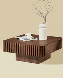 31.5 Inch Modern Handcraft Drum Coffee Table Square Coffee Table For Living Room,Small Wooden Coffee Table With Sturdy MDF Pedesta,Walnut Color