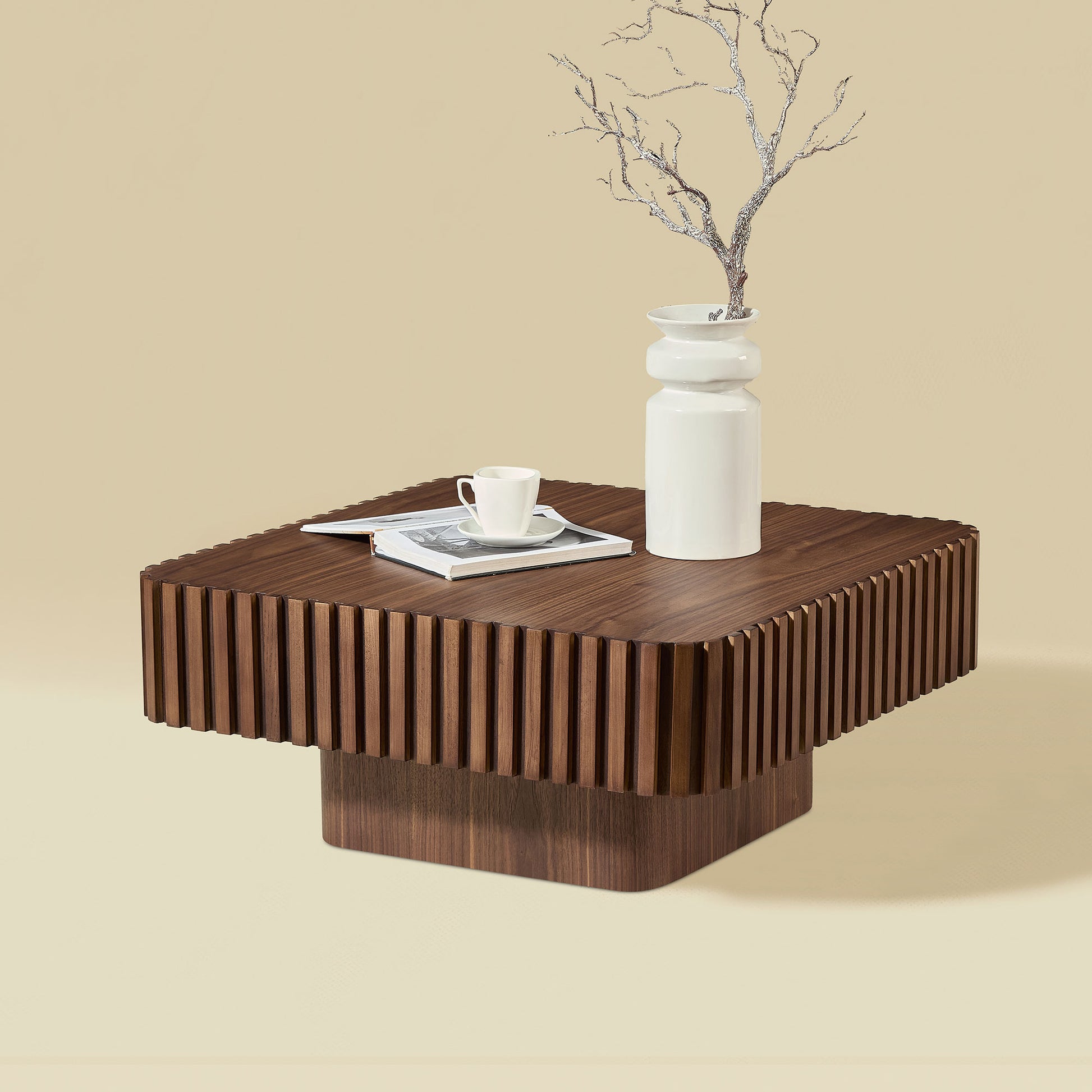Modern 35.43 Inch Handcraft Drum Coffee Table Square Coffee Table For Living Room,Small Wooden Coffee Table With Sturdy MDF Pedesta,Walnut Color