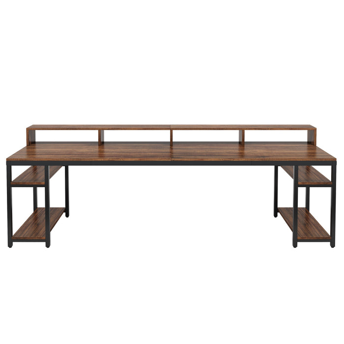 Two Person Desk With Monitor Stand, 78.74" Long Double Computer Office Desk With Storage Shelves, Large Gaming Study Writing Table