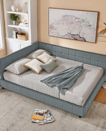 Queen Size Upholstered Tufted Bed Frame, Sofa Bed Frame With Comfortable Backrest And Armrests, Queen Size Bed For Bedroom, Living Room,Velvet, GREY 85.5x64.5x30.5