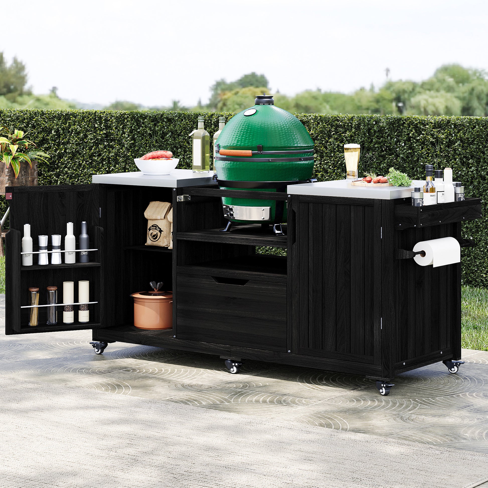 K&K 66.5  Outdoor Kitchen Island, Solid Wood Outdoor Grill Cart For Tabletop Grill With Stainless Steel Top, Drawer, Compatible With Large Big Green Egg, Kamado Joe  Black