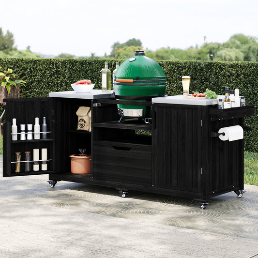 K&K 66.5  Outdoor Kitchen Island, Solid Wood Outdoor Grill Cart For Tabletop Grill With Stainless Steel Top, Drawer, Compatible With Large Big Green Egg, Kamado Joe  Black