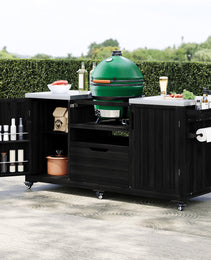 K&K 66.5  Outdoor Kitchen Island, Solid Wood Outdoor Grill Cart For Tabletop Grill With Stainless Steel Top, Drawer, Compatible With Large Big Green Egg, Kamado Joe  Black