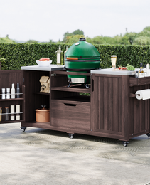 K&K 66.5 Outdoor Kitchen Island, Solid Wood Outdoor Grill Cart, Equipped With Stainless Steel Countertop And Drawers, Compatible With Large Green Egg Grill, Carducci Dark Brown.