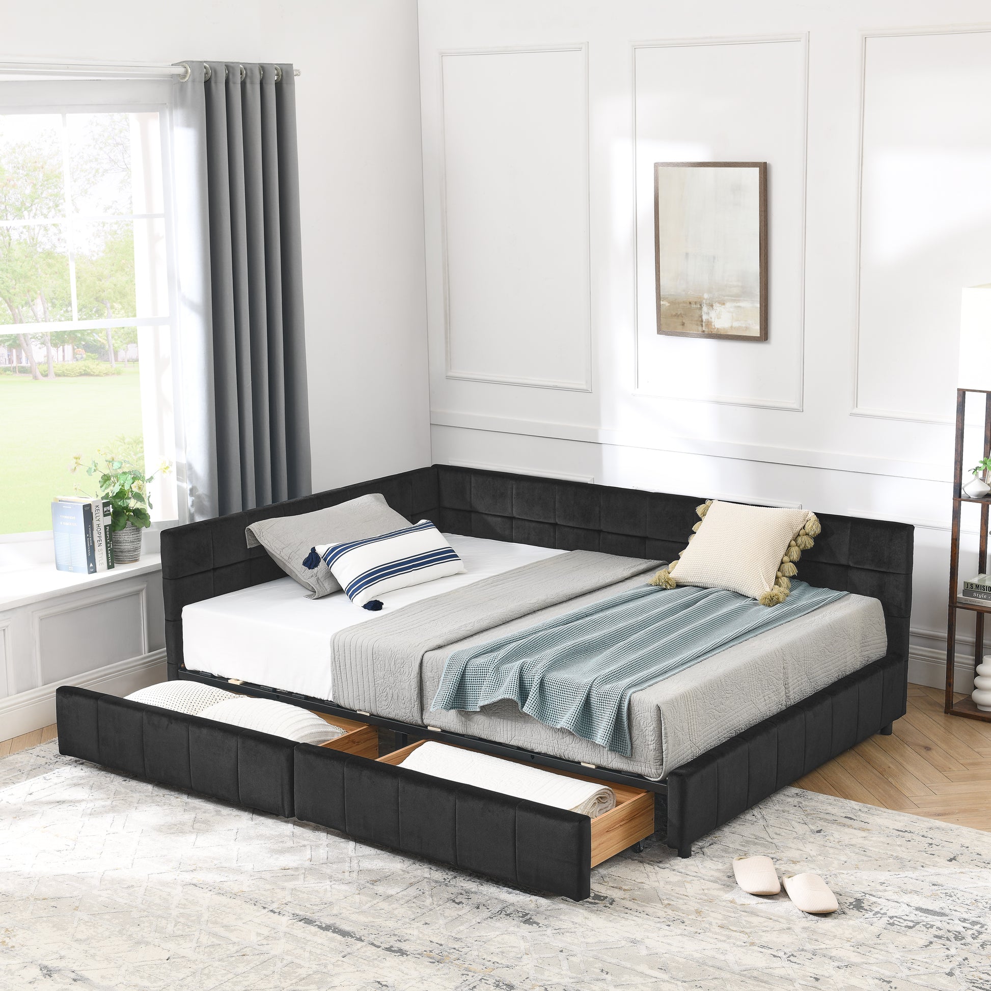 Full Size Storage Upholstered Tufted Bed Frame, Sofa Bed Frame With Comfortable Backrest And Armrests, Full Size Bed For Bedroom, Living Room,Velvet, BLACK 80.5x59x29.5