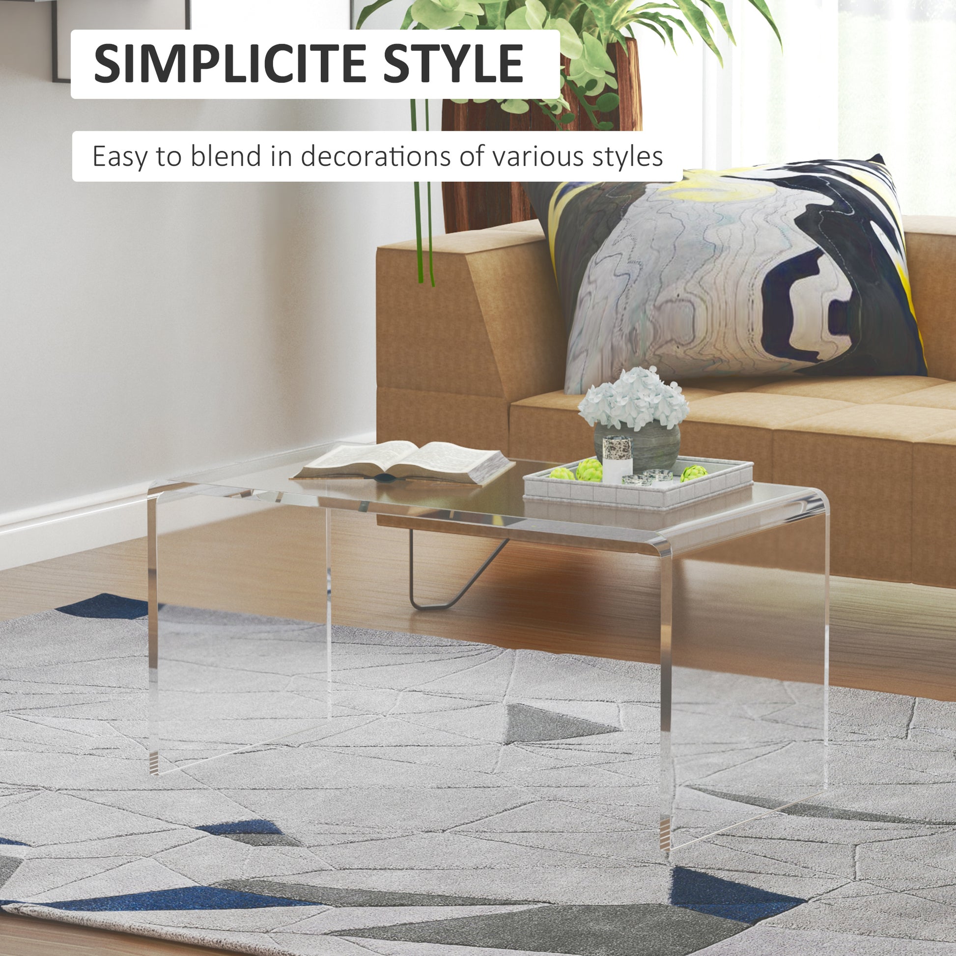 32  Clear Acrylic Coffee Table, 0.5In Thick C-Shape Waterfall End Coffee Table, Multipurpose Lucite Tea Table For Living Room