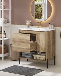 30 Modern Wood Fixture Bathroom Vanity, Bathroom Cabinet With Sliding Drawer, Bathroom Storage Cabinet With Ceramic Basin Sink Top, Single Bathroom Vanities Cabinet With Doors And Open Shelf