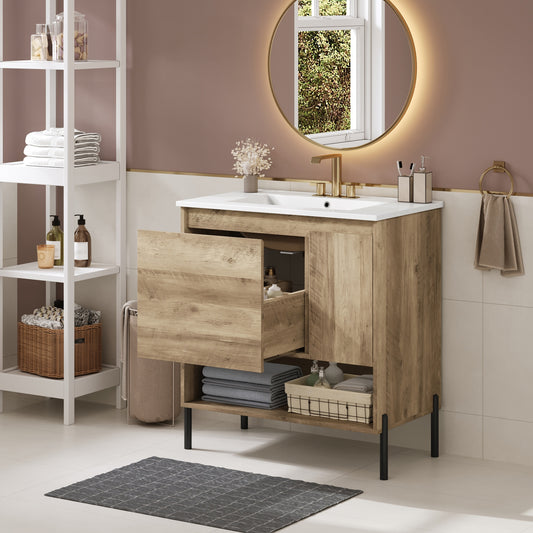 30 Modern Wood Fixture Bathroom Vanity, Bathroom Cabinet With Sliding Drawer, Bathroom Storage Cabinet With Ceramic Basin Sink Top, Single Bathroom Vanities Cabinet With Doors And Open Shelf
