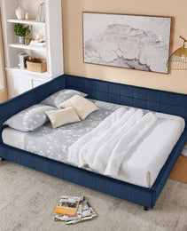 Queen Size Upholstered Tufted Bed Frame, Sofa Bed Frame With Comfortable Backrest And Armrests, Queen Size Bed For Bedroom, Living Room,Velvet, DARK BLUE 85.5x64.5x30.5