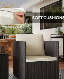 Folding Wicker Bistro Set, 3 Piece Patio Furniture Set with Cushions and Glass Coffee Table for Porch, Balcony, Brown