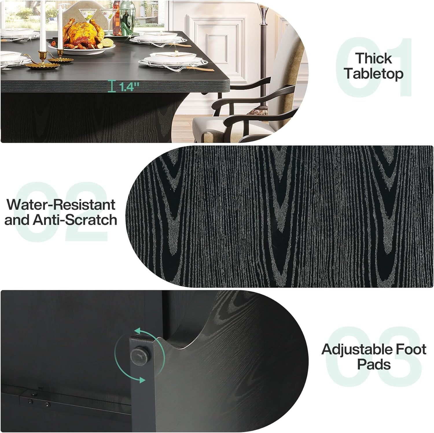 Black Dining Table For 4-6, 63-Inch Rectangular Modern Kitchen Table