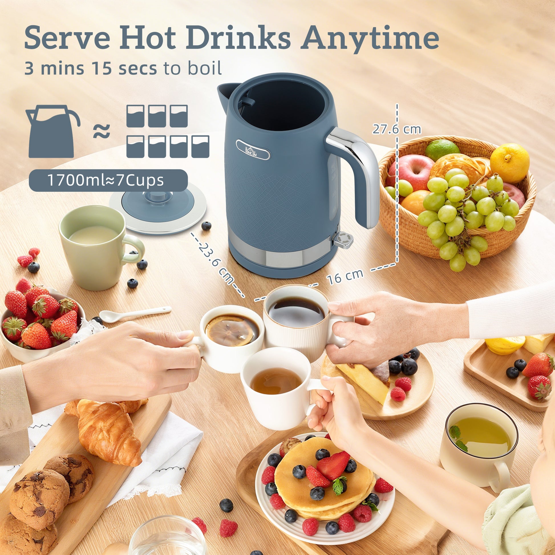 Sleek Textured Breakfast Set: 1.7L Rapid-Boil Kettle & 2-Slice Toaster – Matte Blue & Polished Chrome